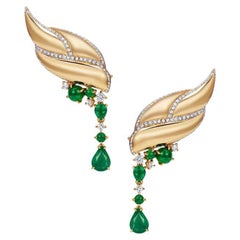 18 Karat Yellow Gold, White Diamonds and Emeralds Wing Earrings