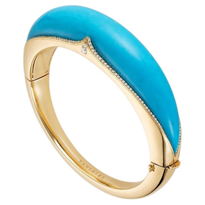 Bracciale in oro giallo 18 carati, diamanti bianchi e turchese in vendita