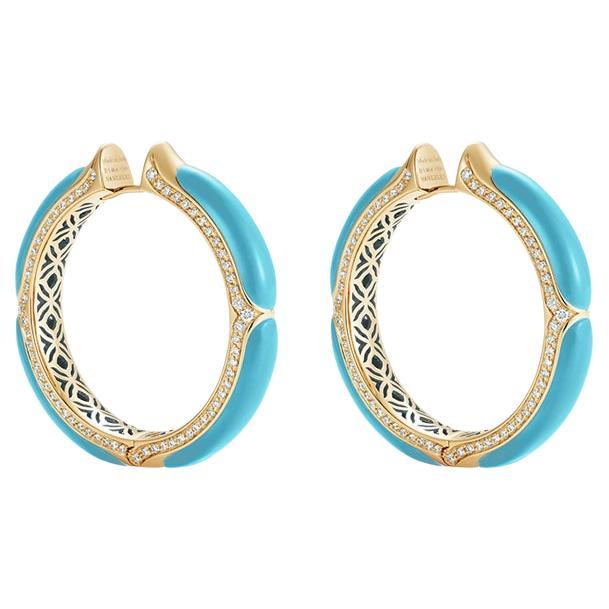 18 Karat Yellow Gold, White Diamonds and Turquoise Hoop Earrings For Sale
