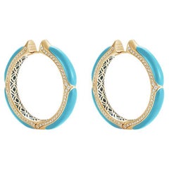 18 Karat Yellow Gold, White Diamonds and Turquoise Hoop Earrings