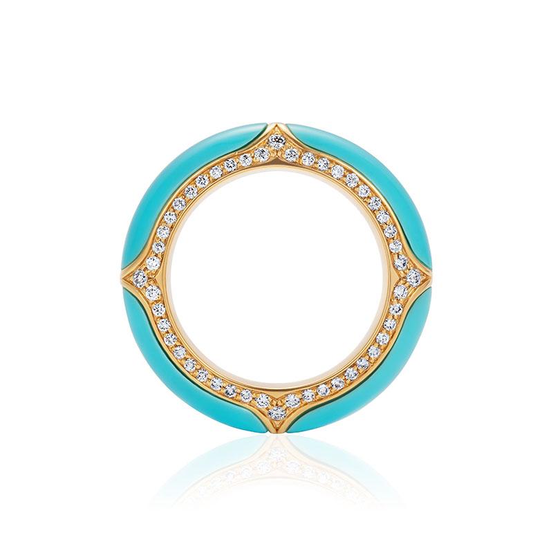 18 Karat Yellow Gold, White Diamonds and Turquoise Ring For Sale at