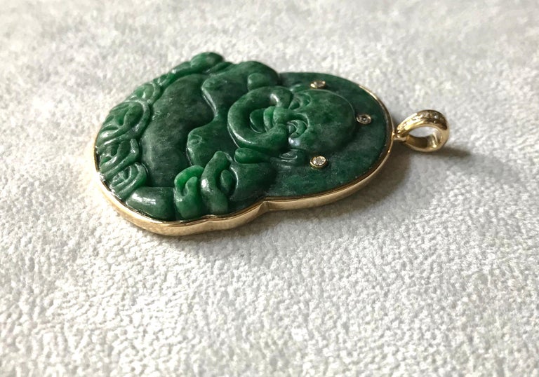 18 Karat Yellow Gold White Diamonds Green Spinach Jade Buddha Pendant