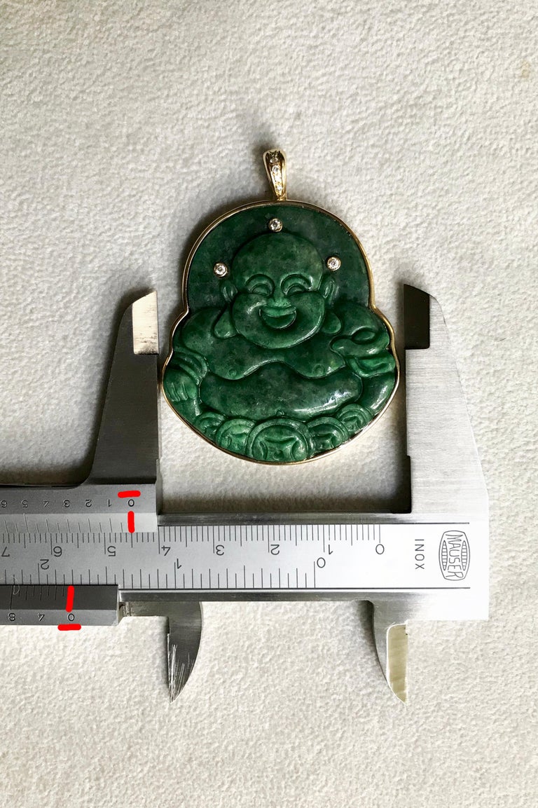 18 Karat Yellow Gold White Diamonds Green Spinach Jade Buddha Pendant