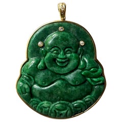 18 Karat Yellow Gold White Diamonds Green Spinach Jade Buddha Pendant Necklace