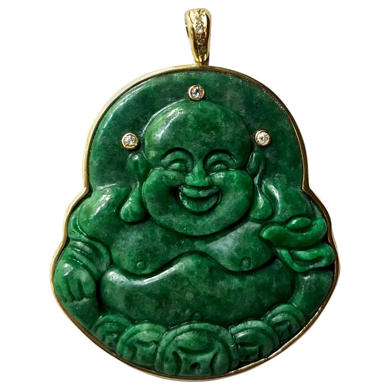 18 Karat Yellow Gold White Diamonds Green Spinach Jade Buddha Pendant