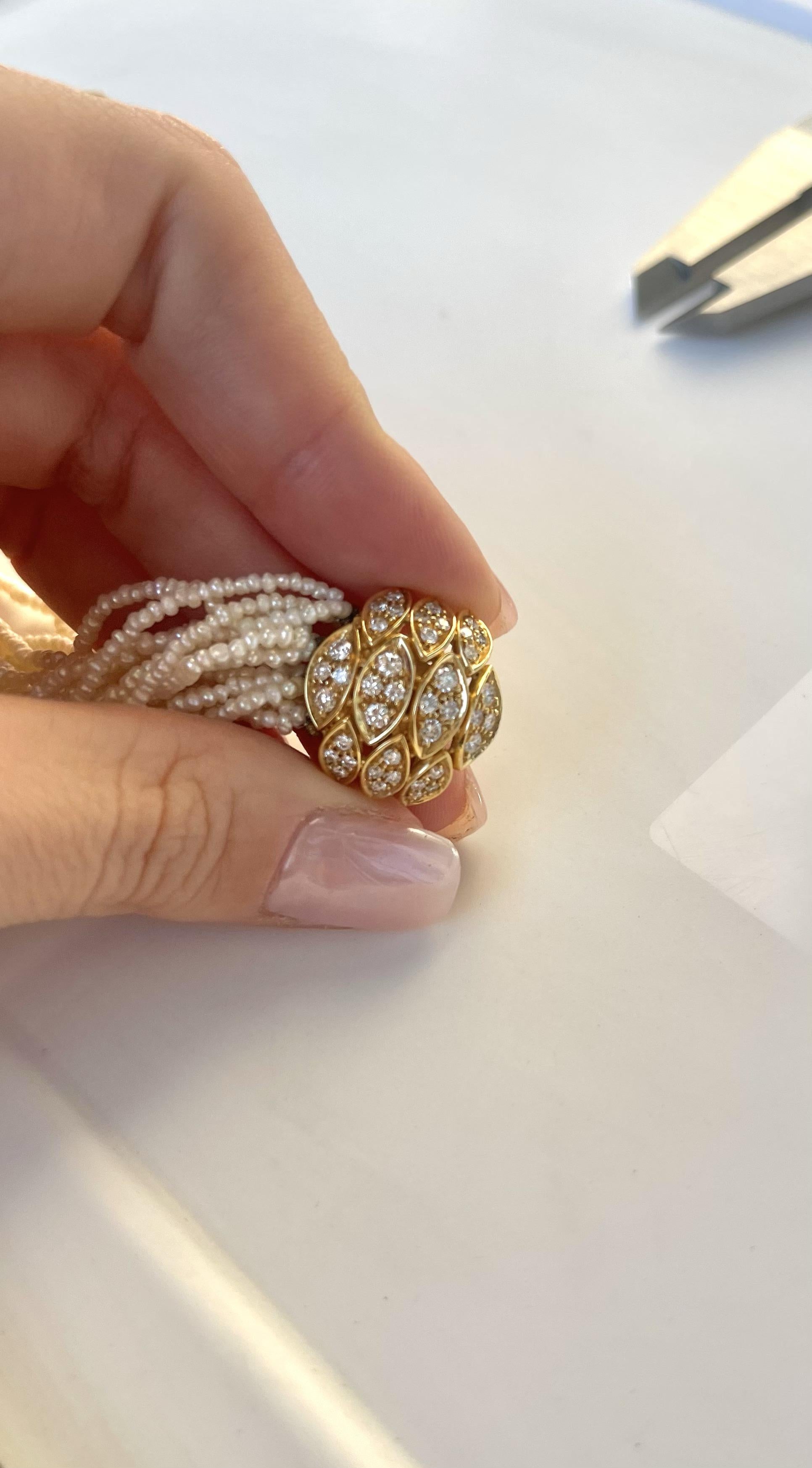18 Karat Yellow Gold White Diamonds Multi Strand Pearls Vintage Bracelet For Sale 5