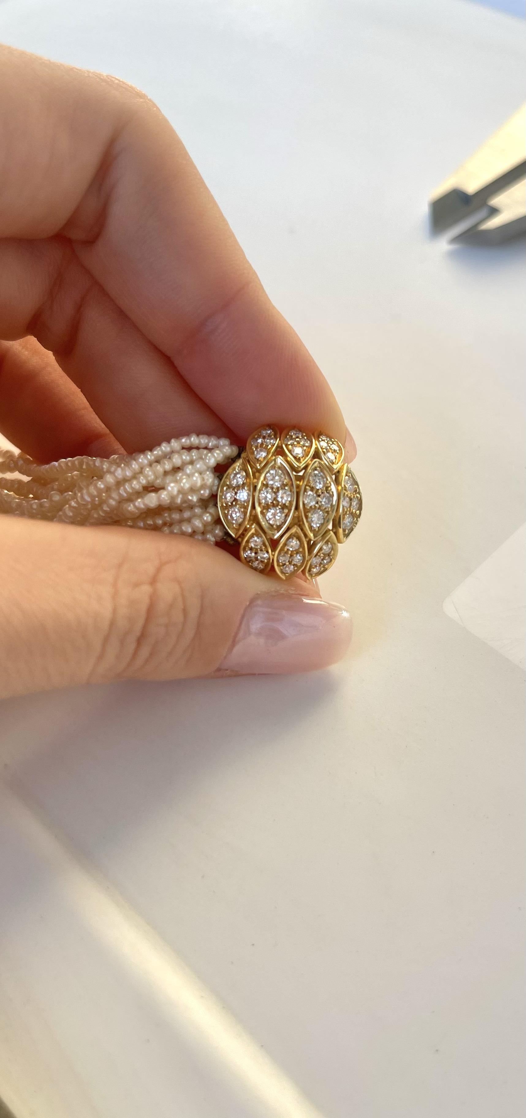 18 Karat Yellow Gold White Diamonds Multi Strand Pearls Vintage Bracelet For Sale 7