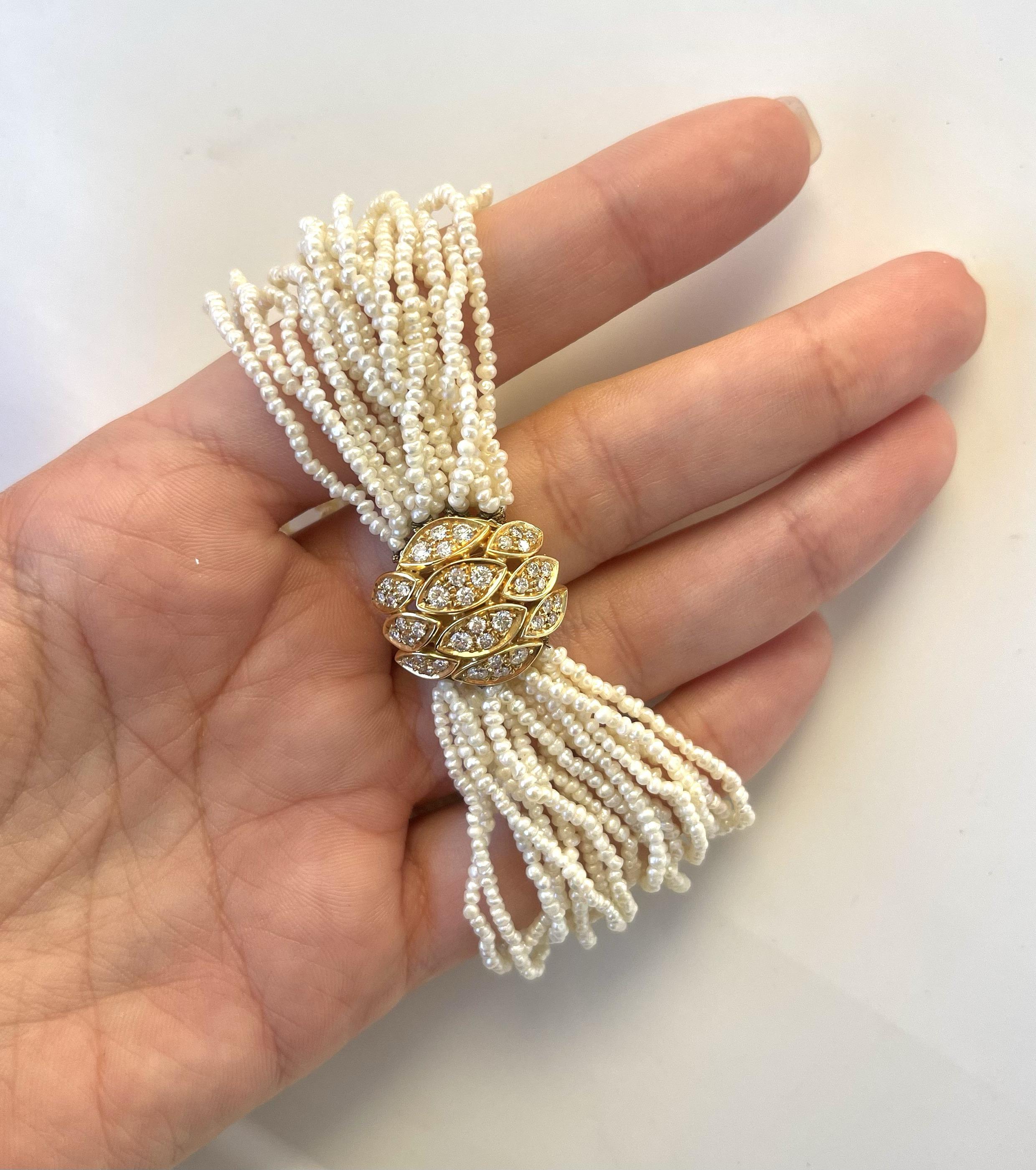 18 Karat Yellow Gold White Diamonds Multi Strand Pearls Vintage Bracelet For Sale 11