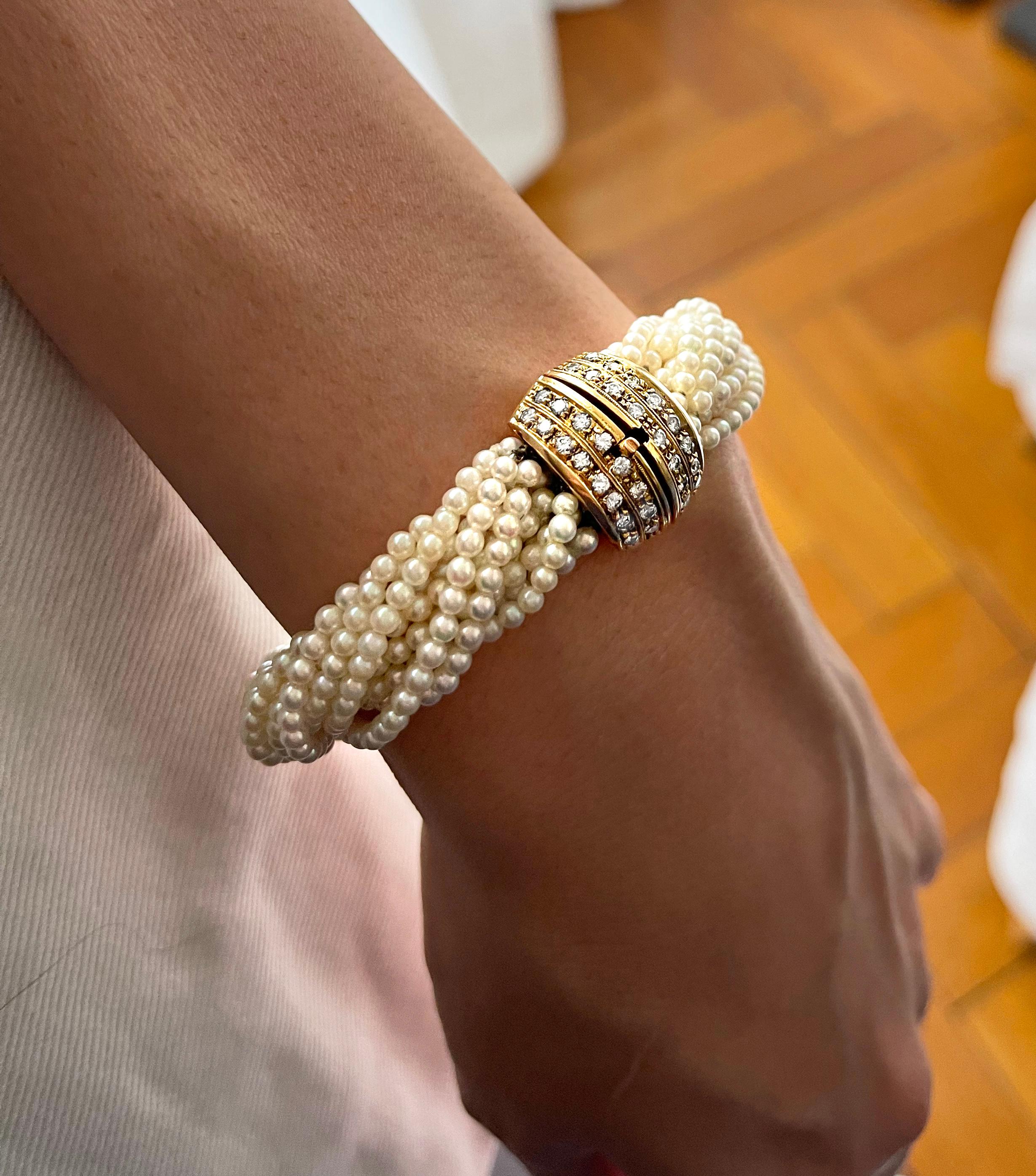 18 Karat Yellow Gold White Diamonds Multi Strand Pearls Vintage Bracelet 3