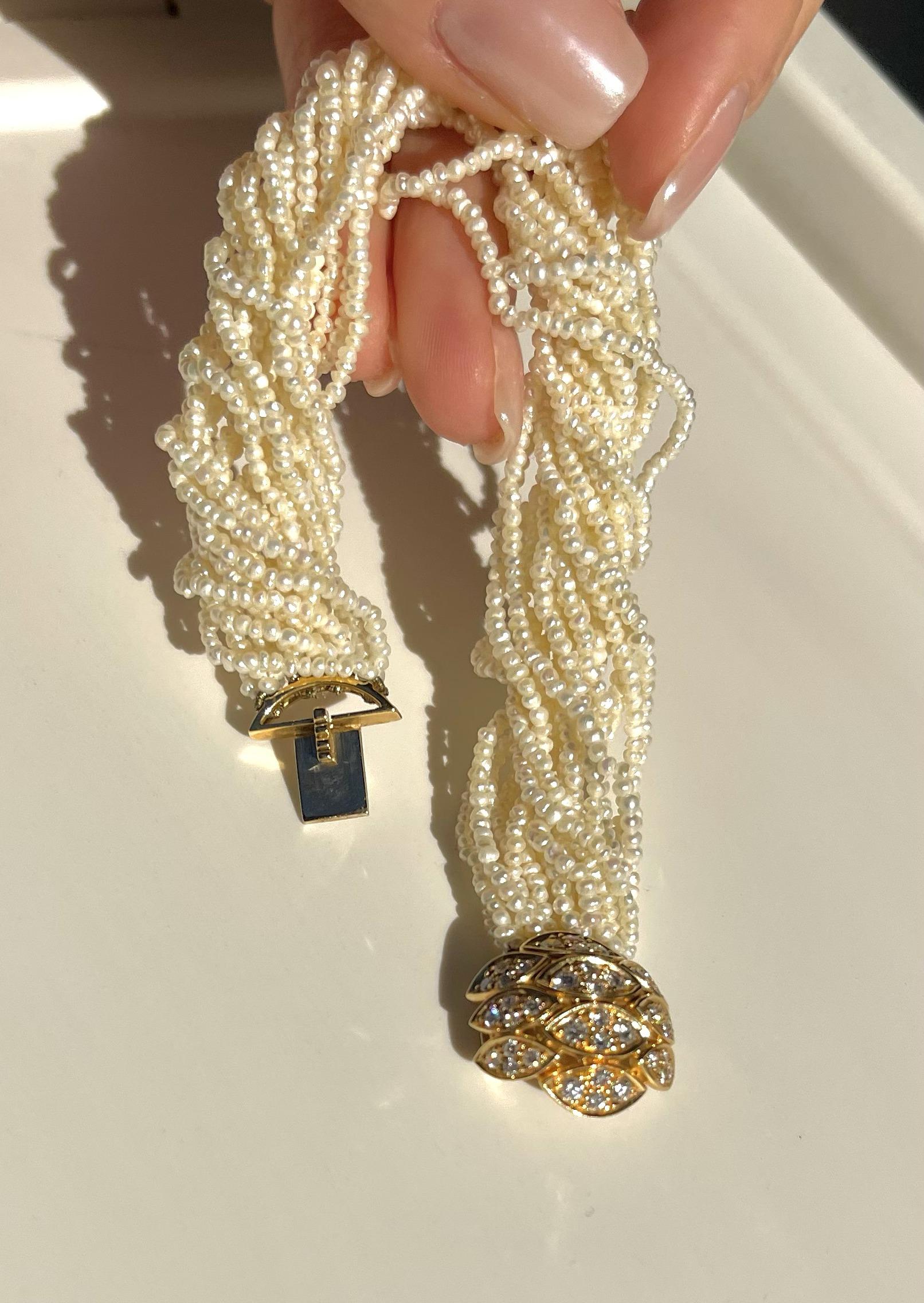 18 Karat Yellow Gold White Diamonds Multi Strand Pearls Vintage Bracelet For Sale 3