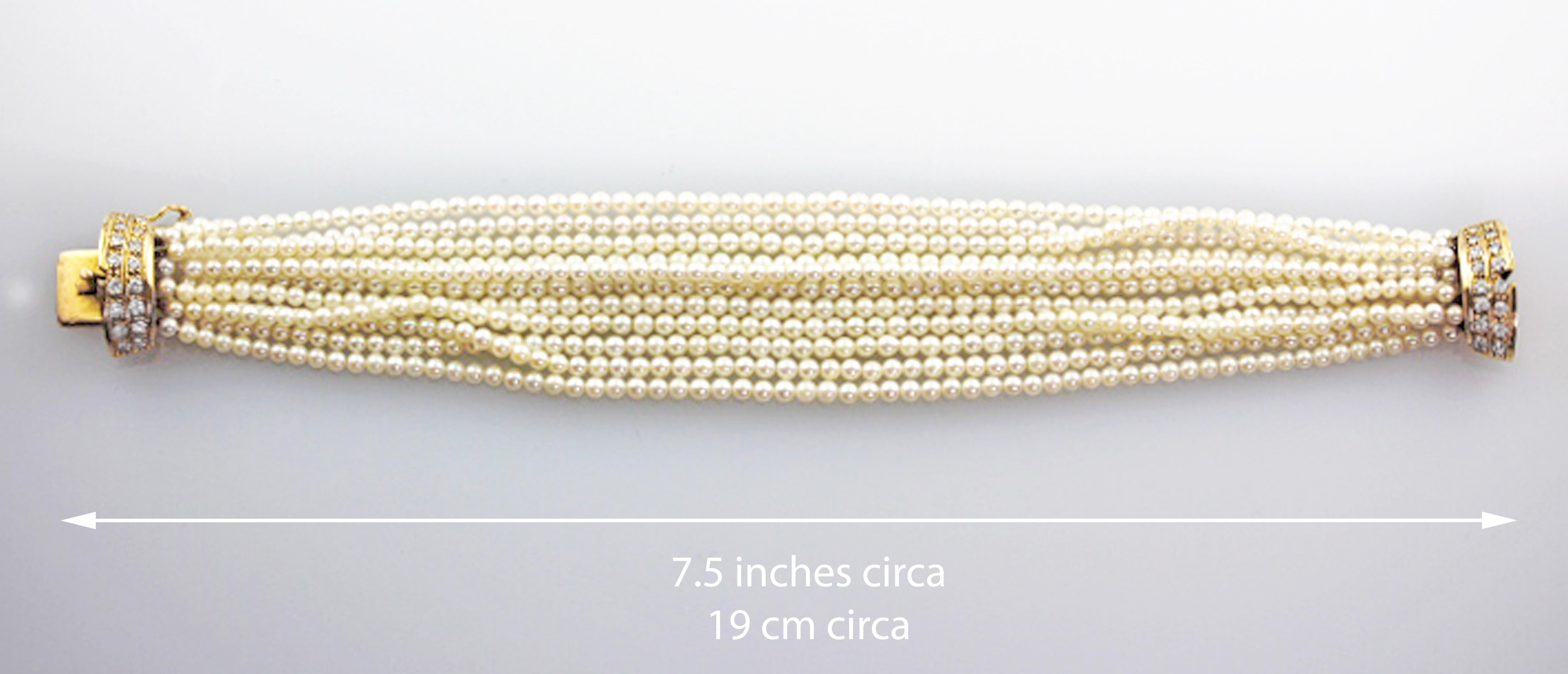 18 Karat Yellow Gold White Diamonds Multi Strand Pearls Vintage Bracelet 4