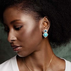 18 Karat Yellow Gold, White Diamonds, Turquoise and Sapphires Earrings