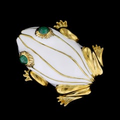 18 Karat Yellow Gold White Enamel and Emerald Frog Brooch