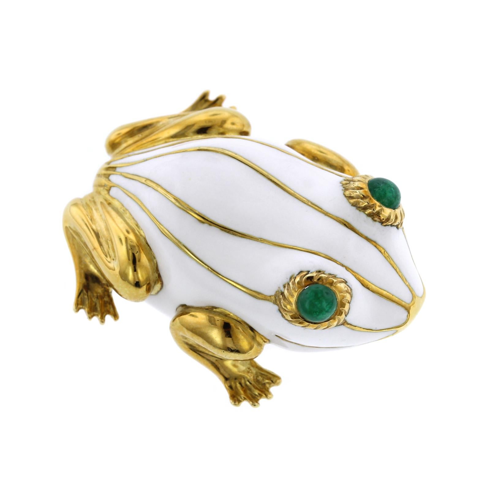 18 Karat Yellow Gold White Enamel and Emerald Frog Brooch For Sale