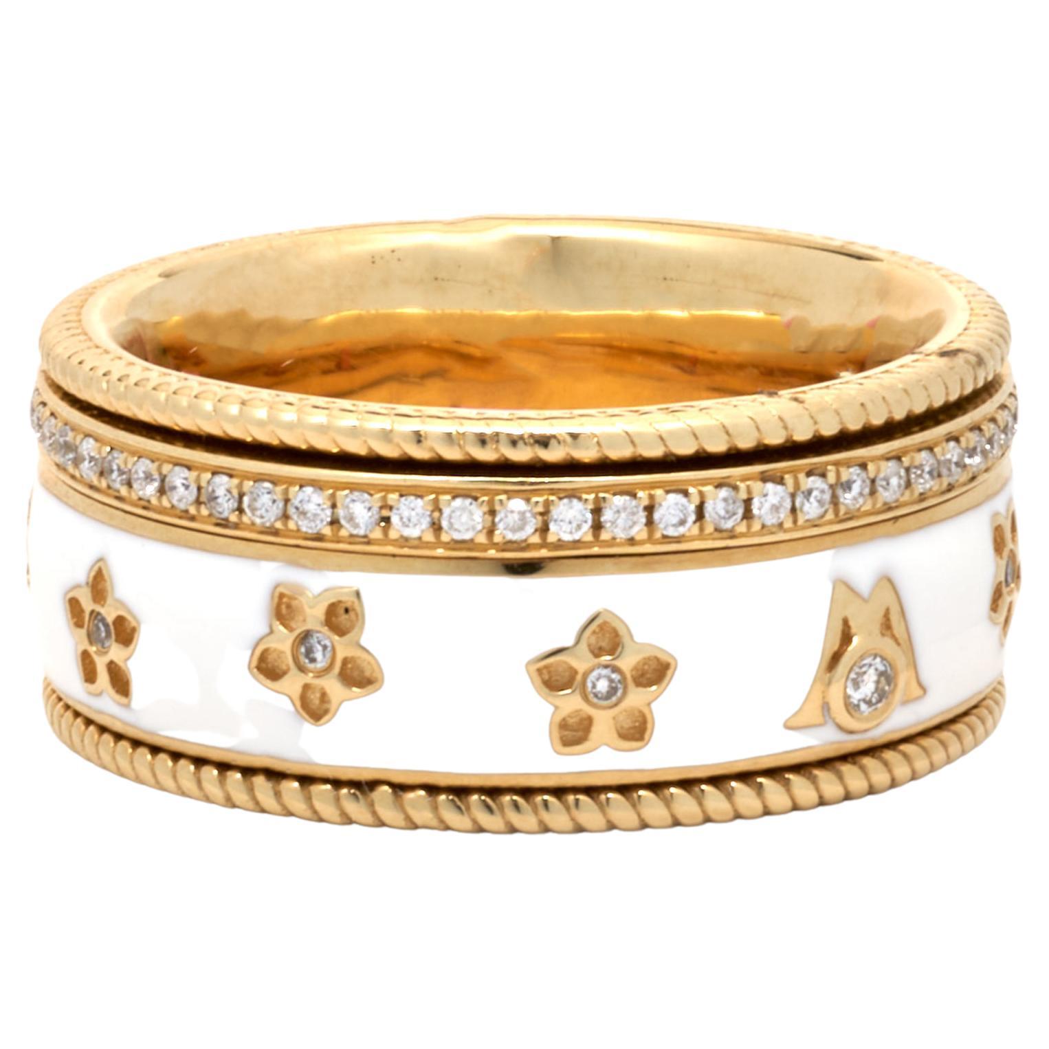 18 Karat Yellow Gold White Enamel Diamond Flower Band