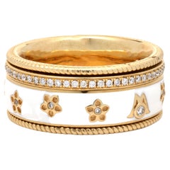 18 Karat Yellow Gold White Enamel Diamond Flower Band