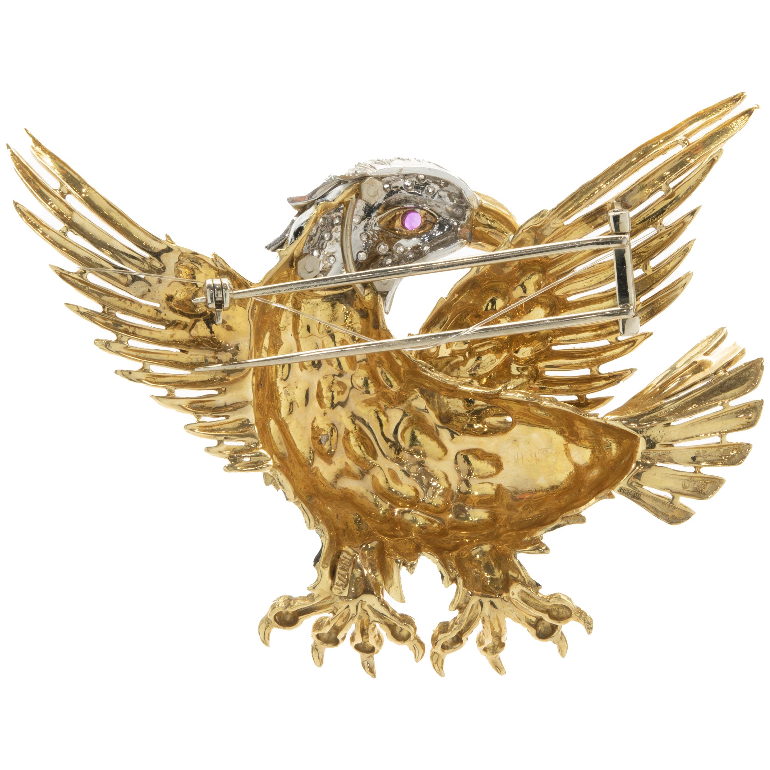 18 Karat Yellow Gold White Enamel, Pave Diamond, and Ruby Soaring Eagle