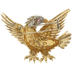 18 Karat Yellow Gold White Enamel, Pave Diamond, and Ruby Soaring Eagle Pin