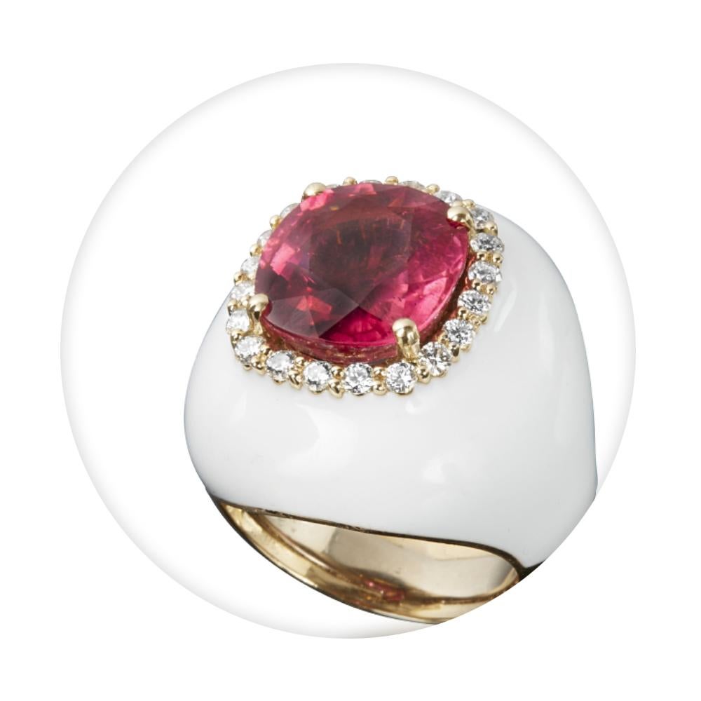 Contemporary Veschetti 18 Kt Yellow Gold, White Enamel, Rubellite and Diamond Cocktail Ring