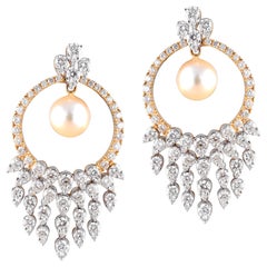 18 Karat Yellow Gold White Gold Pearl White Diamond Chandelier Earrings