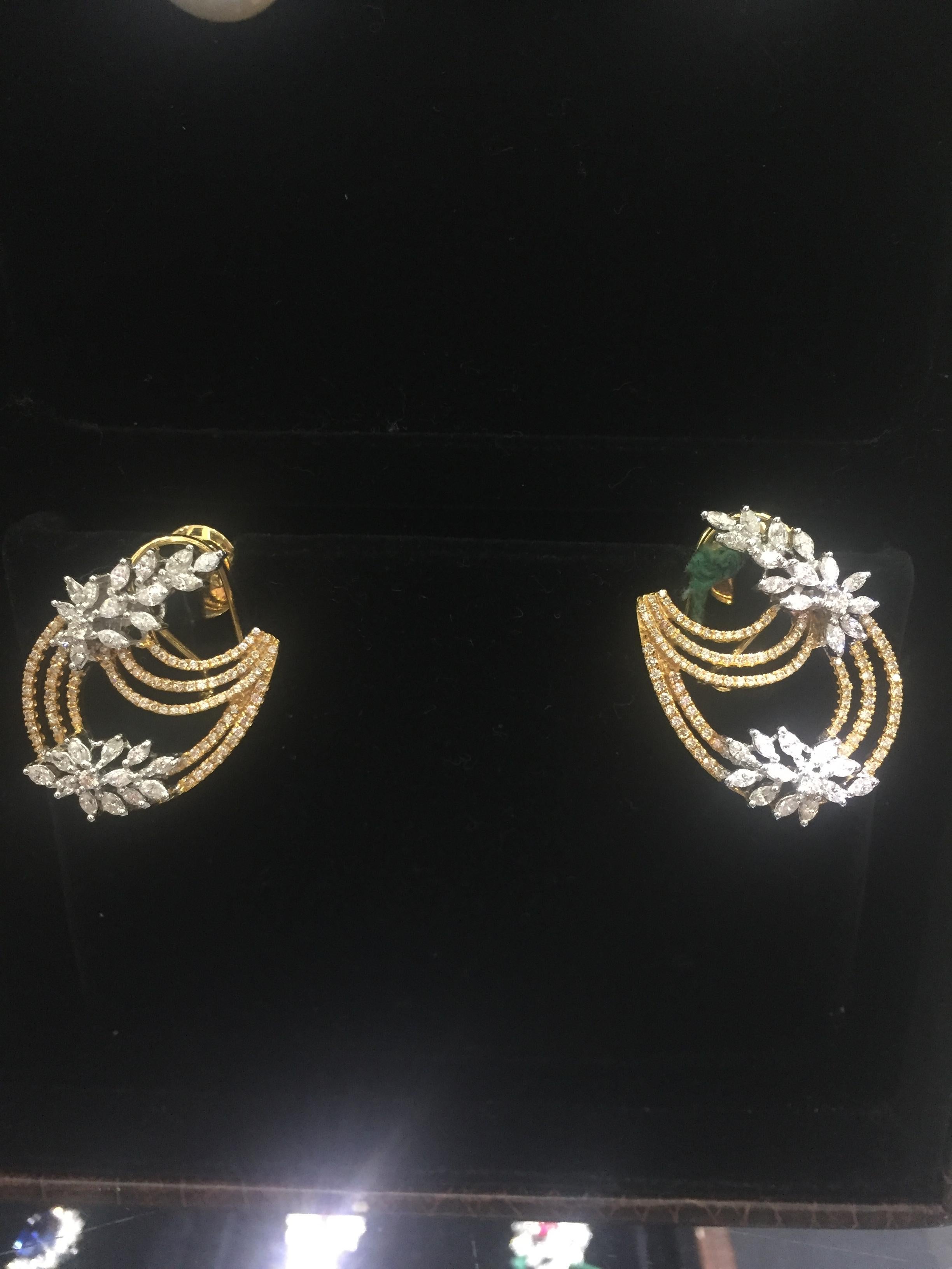 Modern 18 Karat Yellow Gold White Gold White Diamond Earrings For Sale