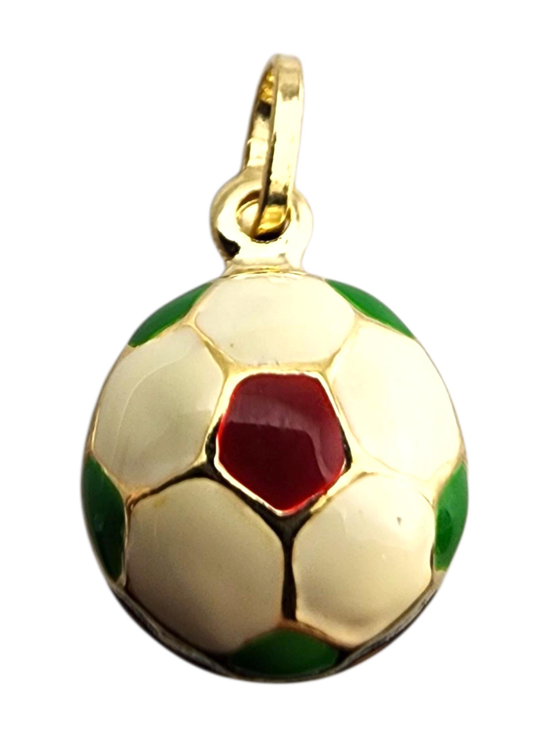 Pendentif en or jaune 18 carats, émail blanc, vert et rouge, ballon de football #23912