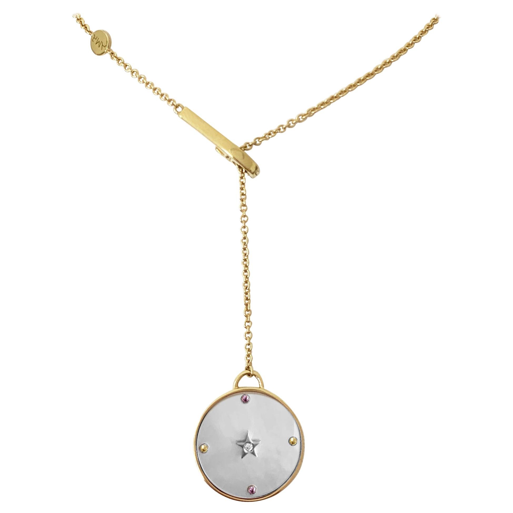 18 Karat Yellow Gold, White Mother of Pearl, Sapphires, Diamond Pendant Necklace For Sale