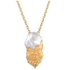 18 Karat Yellow Gold White Pearl Gnome Pendant Necklace