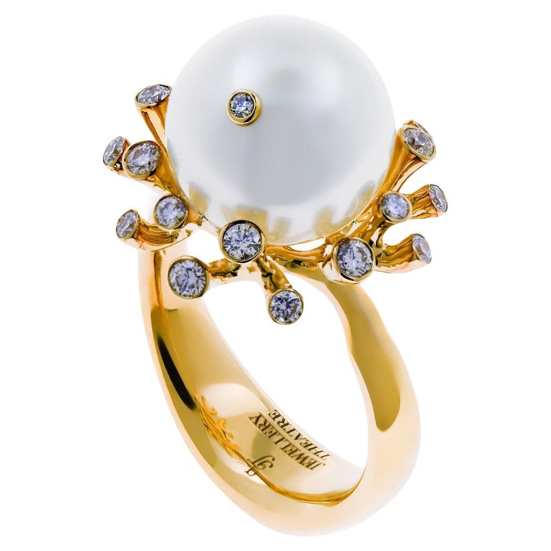 18 Karat Yellow Gold White South Sea Pearl and 0.43 Carat Diamonds Cocktail Ring For Sale