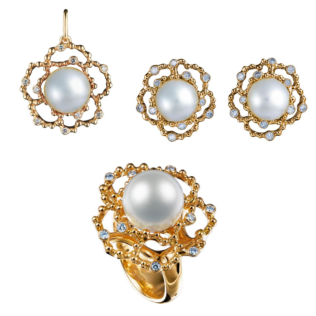 Round Cut 18 Karat Yellow Gold White South Sea Pearl and Diamond Earrings For Sale