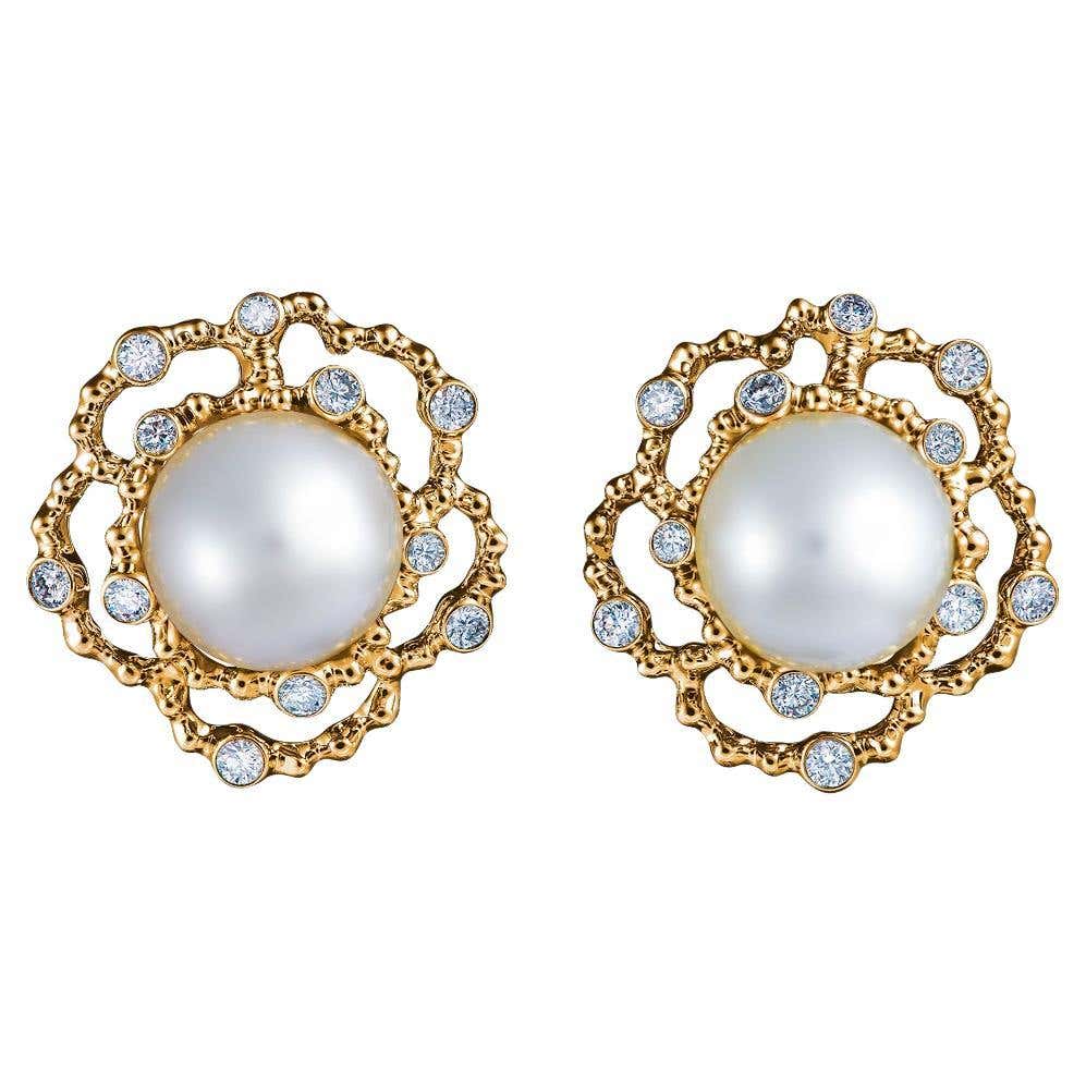 18 Karat Yellow Gold White South Sea Pearl and Diamond Earrings For ...