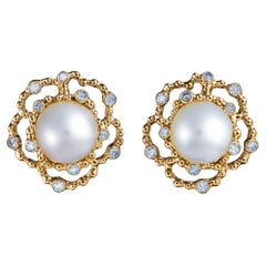 18 Karat Yellow Gold White South Sea Pearl and Diamond Earrings