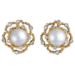 18 Karat Yellow Gold White South Sea Pearls and 0.41 Carat of Diamonds Earrings