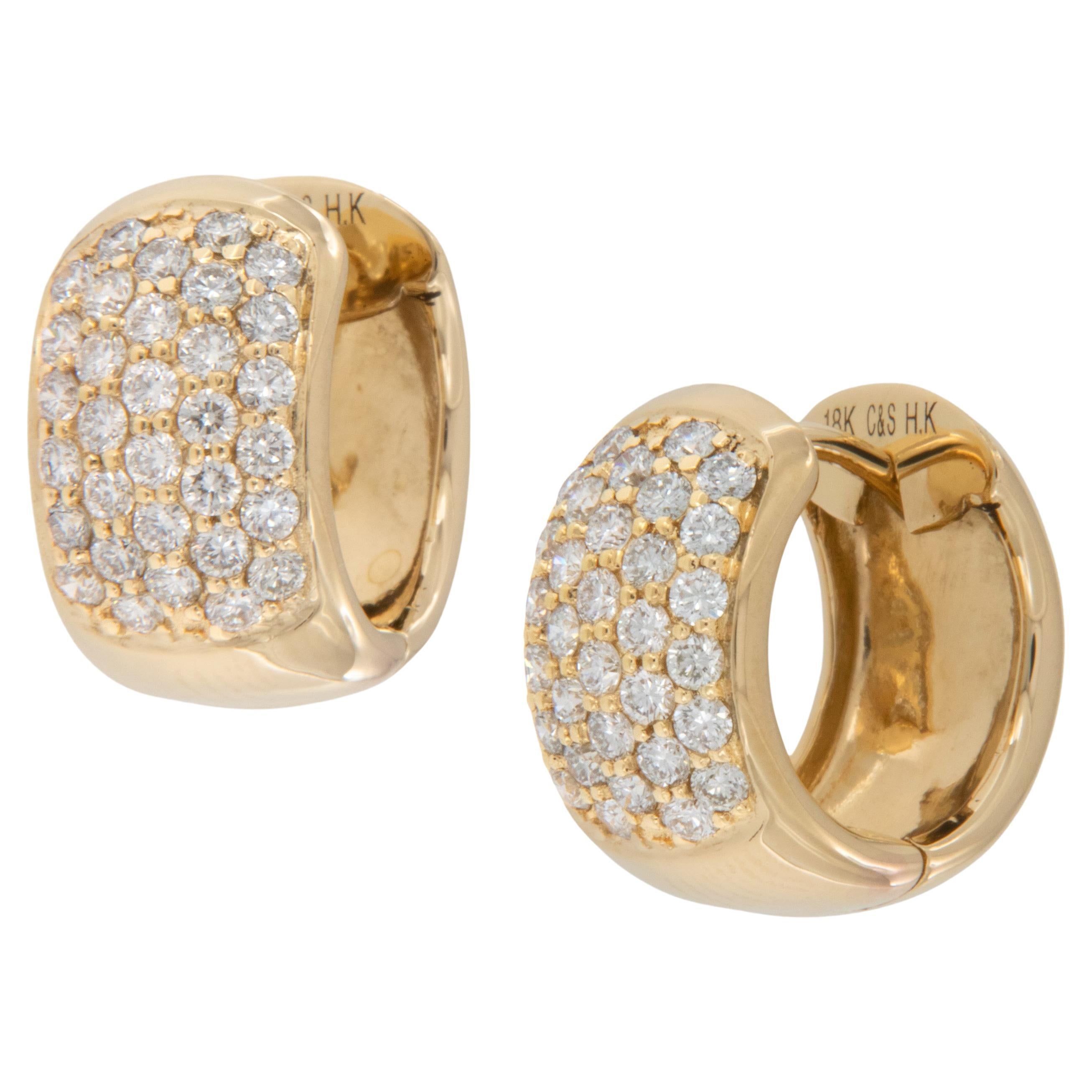 18 Karat Yellow Gold Wide 1.00 Cttw. Pave' Diamond Huggie Hoop Earrings