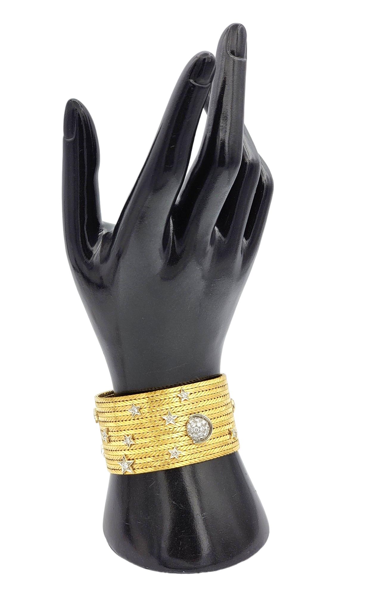 Breites geflochtenes Manschettenarmband aus 18 Karat Gelbgold mit Diamant-Mond- und Sternenmotiv im Angebot 7