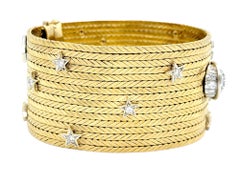 18 Karat Yellow Gold Wide Braided Cuff Bracelet with Diamond Moon & Stars Motif