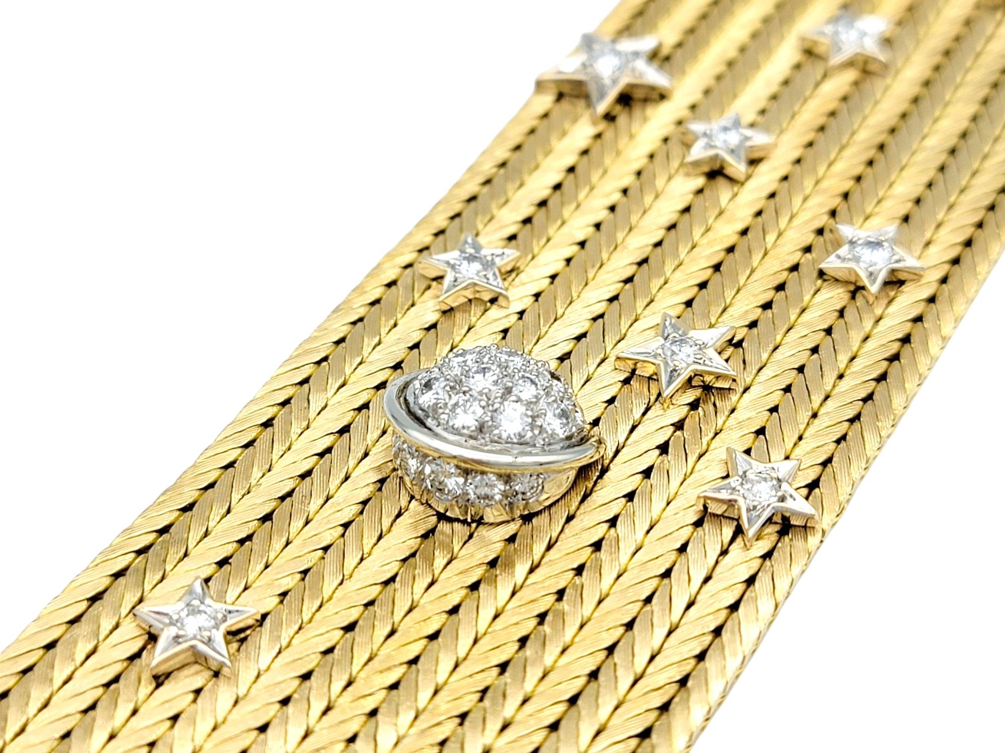 Breites geflochtenes Manschettenarmband aus 18 Karat Gelbgold mit Diamant-Mond- und Sternenmotiv (Zeitgenössisch) im Angebot
