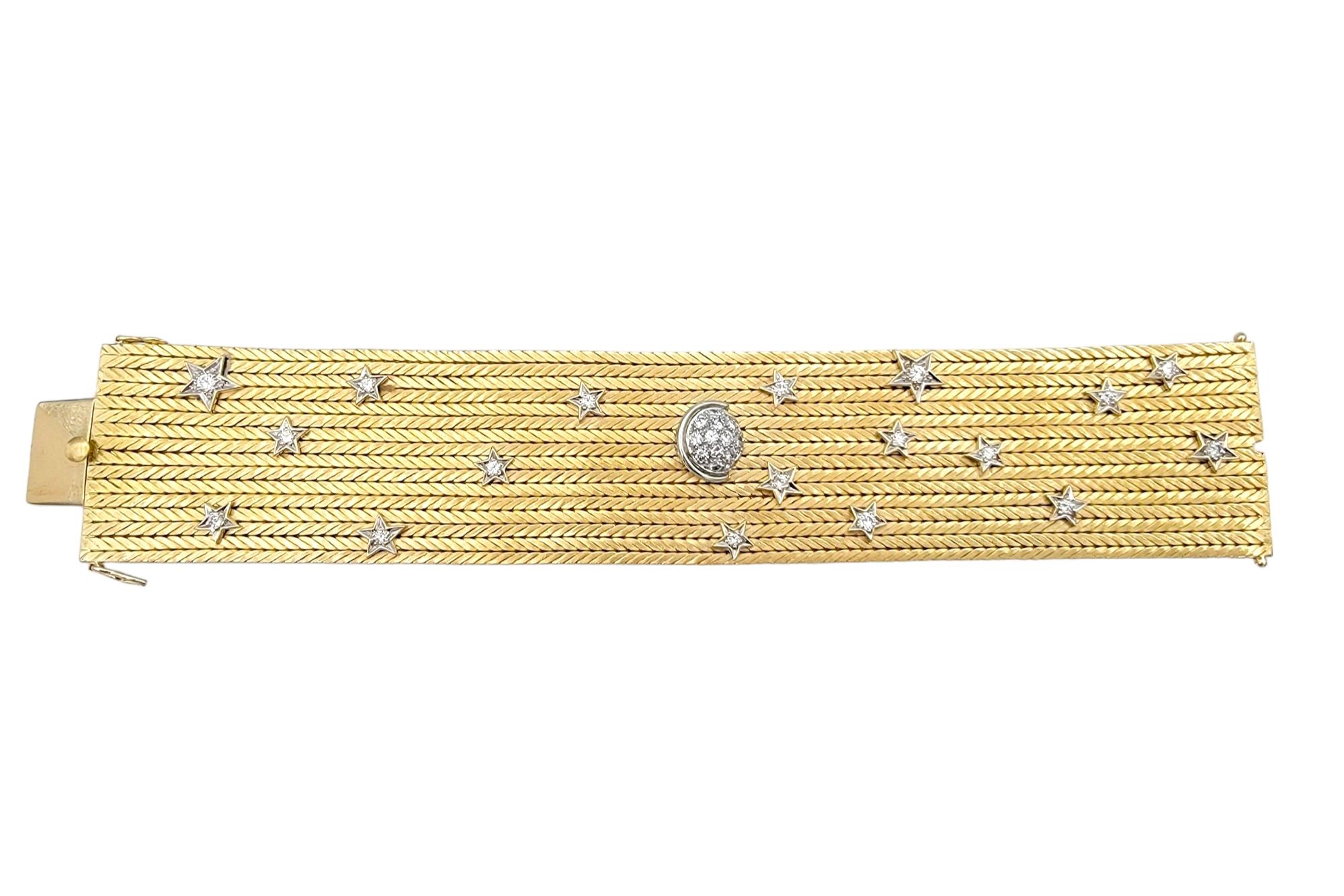 Breites geflochtenes Manschettenarmband aus 18 Karat Gelbgold mit Diamant-Mond- und Sternenmotiv (Rundschliff) im Angebot