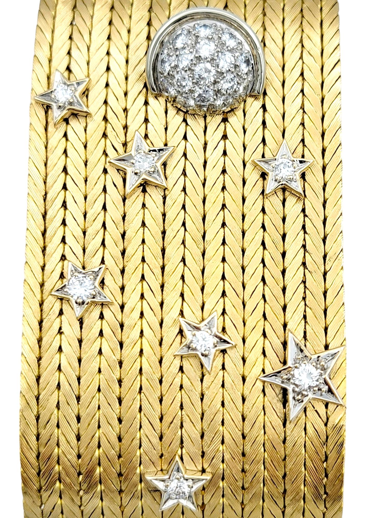 Breites geflochtenes Manschettenarmband aus 18 Karat Gelbgold mit Diamant-Mond- und Sternenmotiv Damen im Angebot