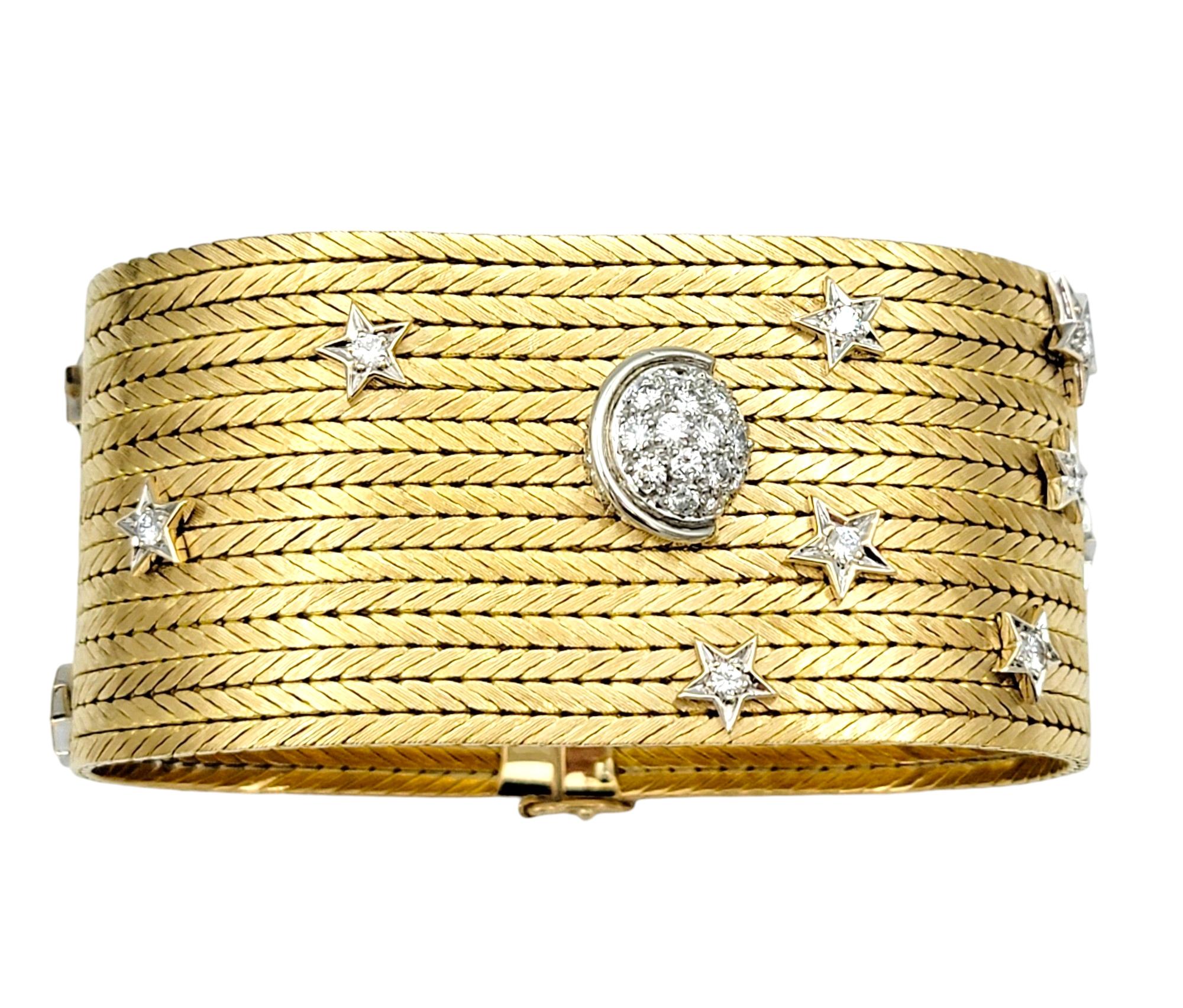 Breites geflochtenes Manschettenarmband aus 18 Karat Gelbgold mit Diamant-Mond- und Sternenmotiv im Angebot 2