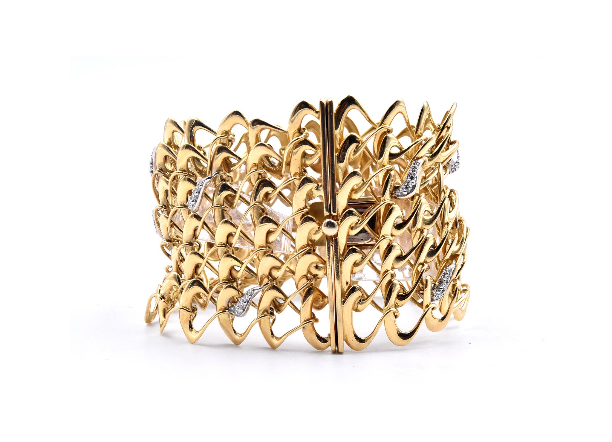 Round Cut 18 Karat Yellow Gold Wide Diamond Wave Bracelet For Sale