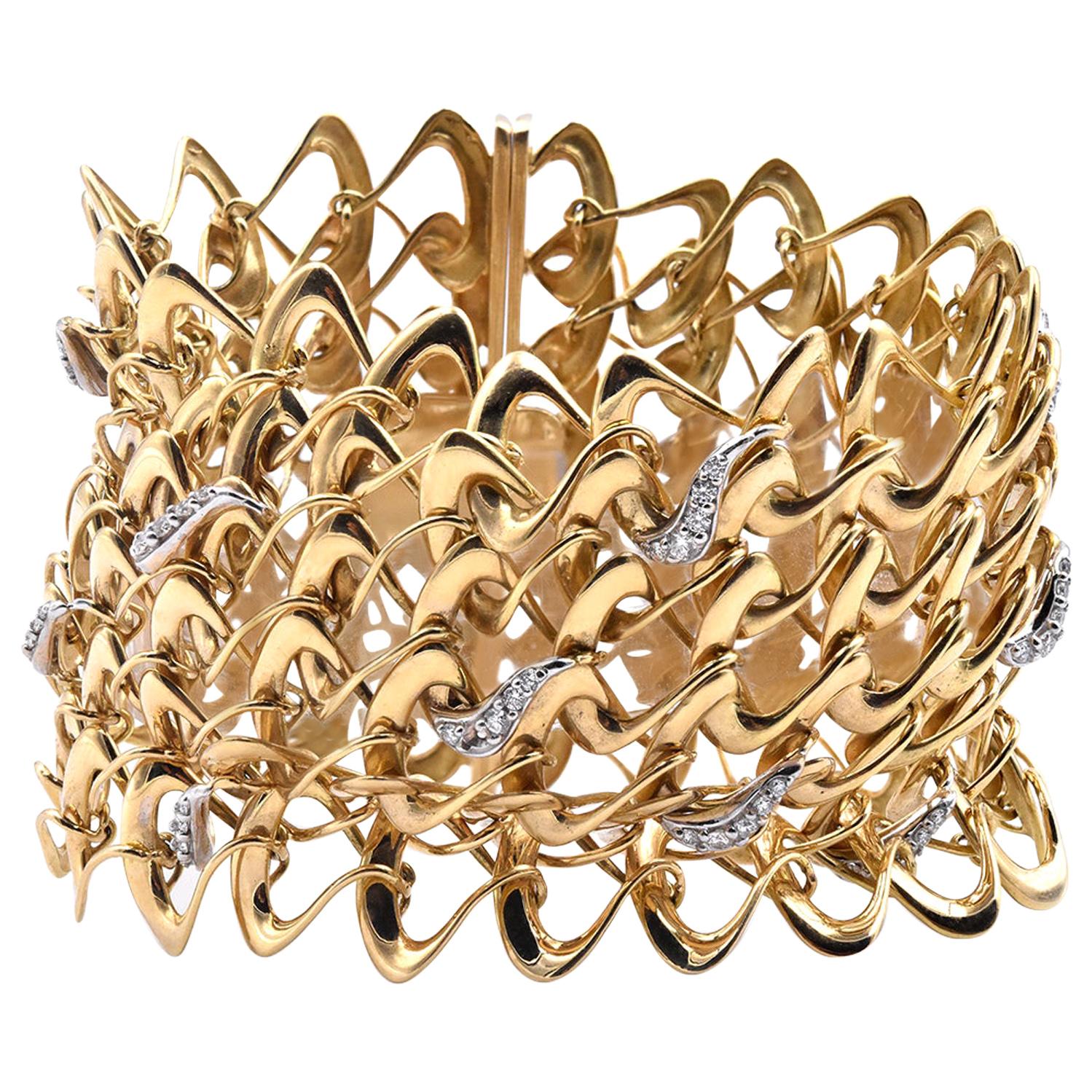 18 Karat Yellow Gold Wide Diamond Wave Bracelet For Sale