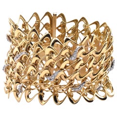 18 Karat Yellow Gold Wide Diamond Wave Bracelet