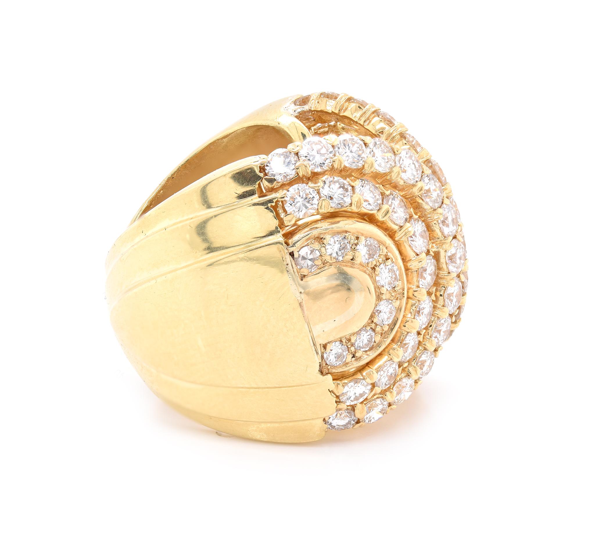Designer: custom
Material: 18K yellow gold
Diamond: 62 round brilliant cut = 4.14cttw
Color: G
Clarity: VS2
Ring size: 5.25 (please allow two additional shipping days for sizing requests)
Weight:  32.04 grams
