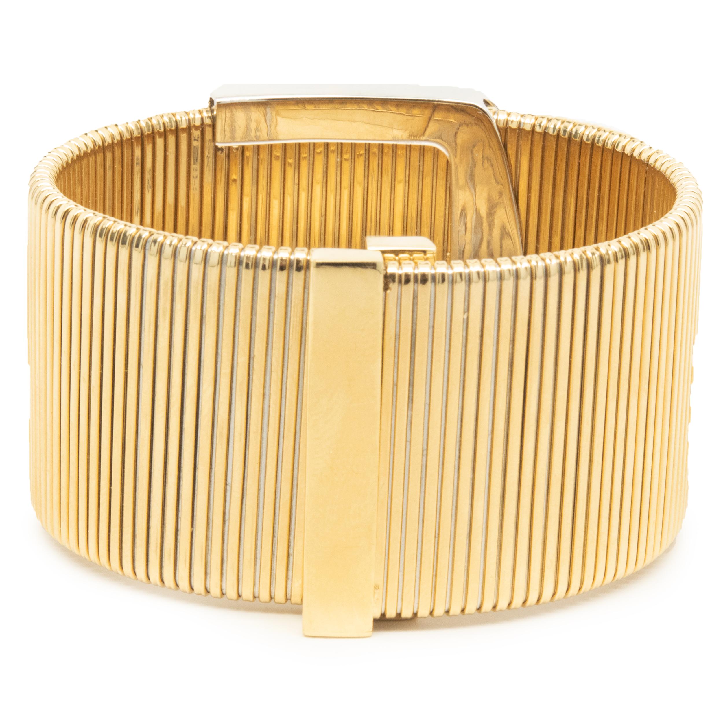 Round Cut 18 Karat Yellow Gold Wide Pave Diamond Buckle Bracelet For Sale
