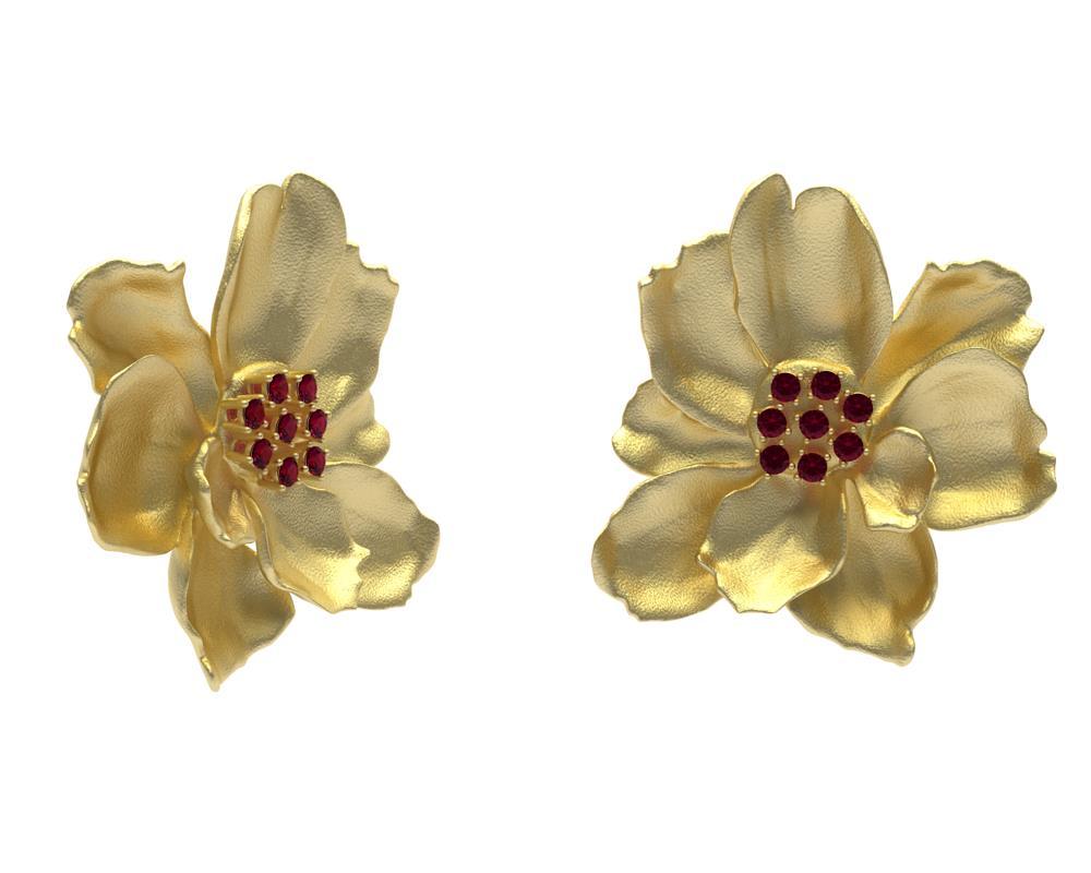 18 Karat Yellow Gold Wild Flower Earrings with Rubies In New Condition For Sale In New York, NY