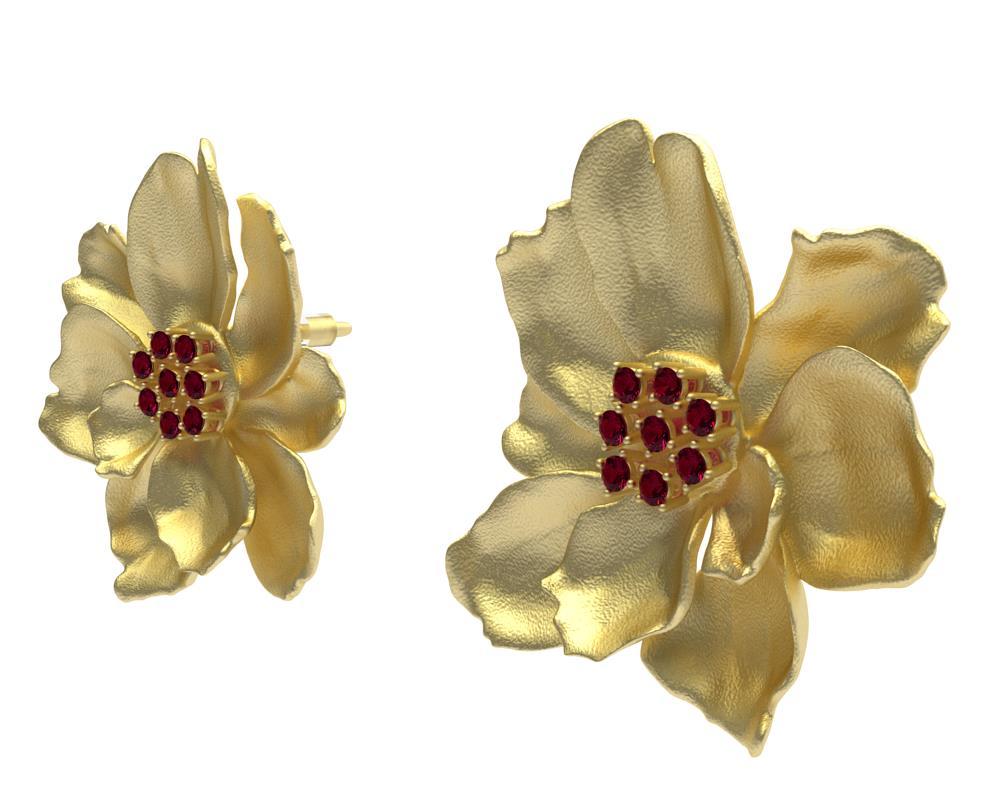 18 Karat Yellow Gold Wild Flower Earrings with Rubies For Sale 1