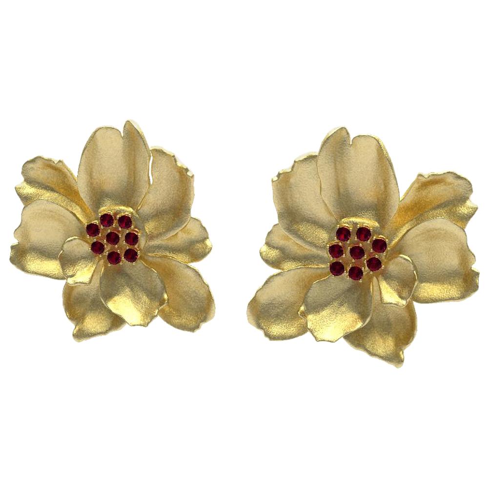 Boucles d'oreilles en or jaune 18 carats avec fleurs sauvages et rubis