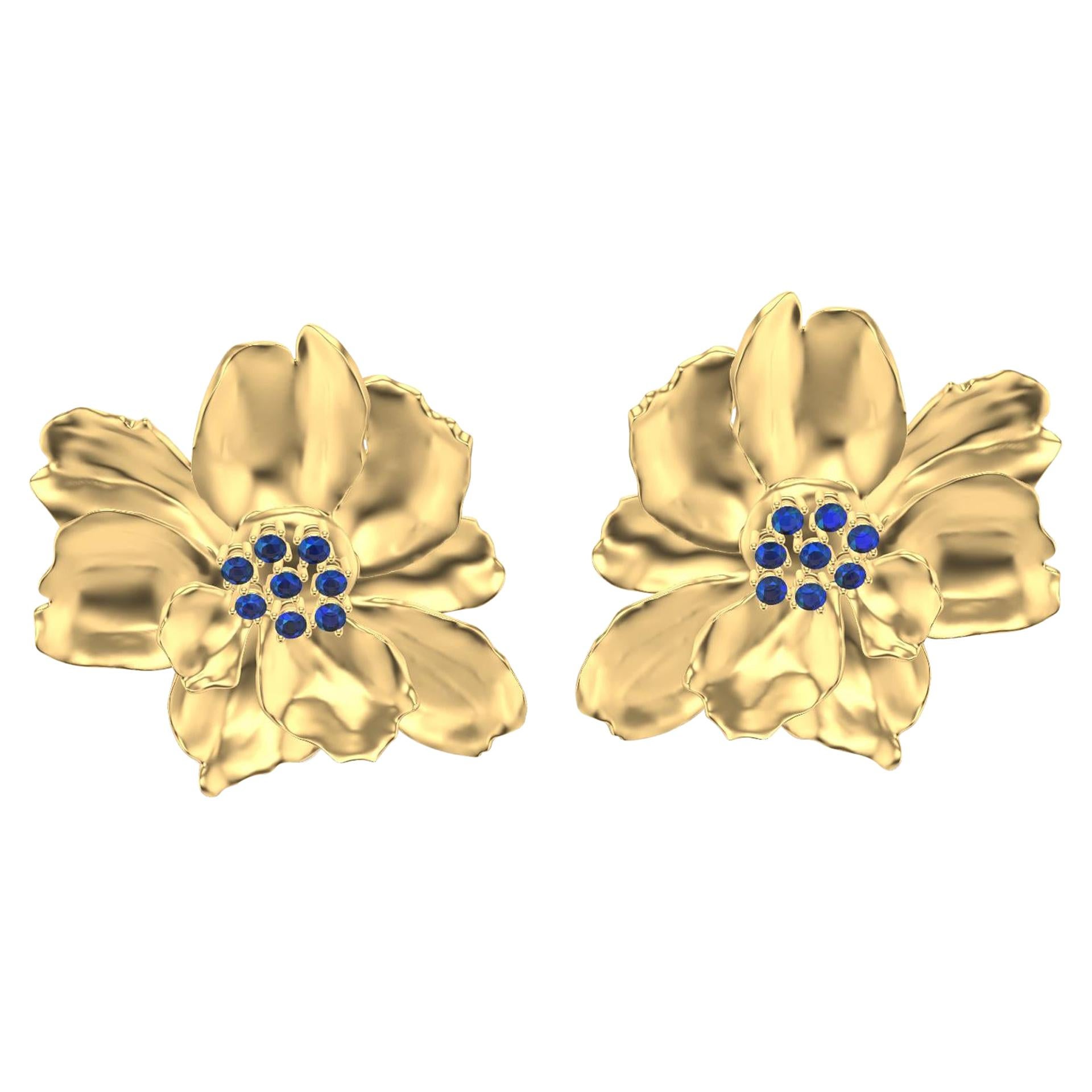 18 Karat Yellow Gold Wild Flower Earrings with Sapphires For Sale