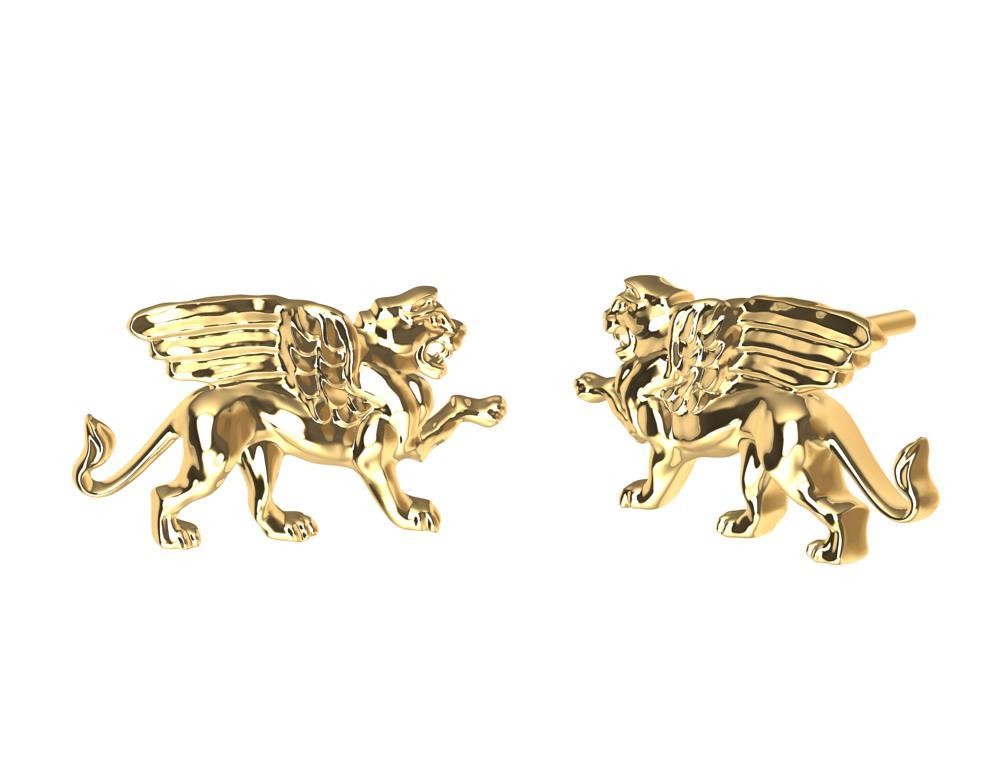 18 Karat Yellow Gold Winged Lion  Griffin Stud Earrings Tiffany designer , Thomas Kurilla created this for 1st dibs exclusively. Sculpture is my passion. The first beast in the book of Daniel  was a winged lion. And this creature  has also